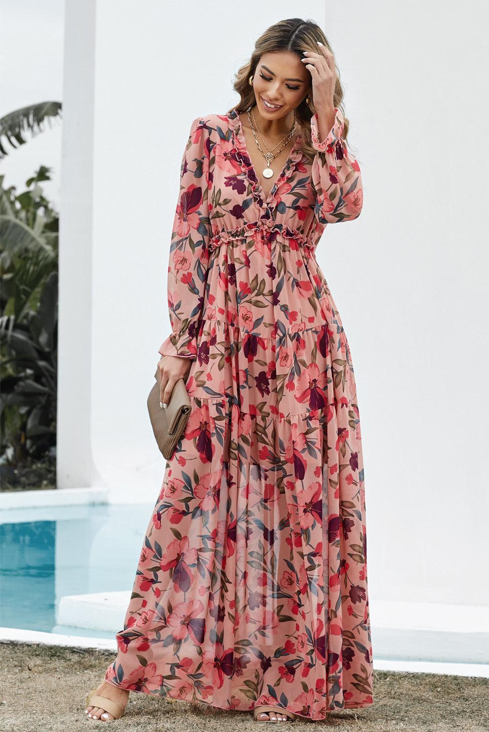 Floral Frill Trim Flounce Sleeve Plunge Maxi Dress - Curated by tt