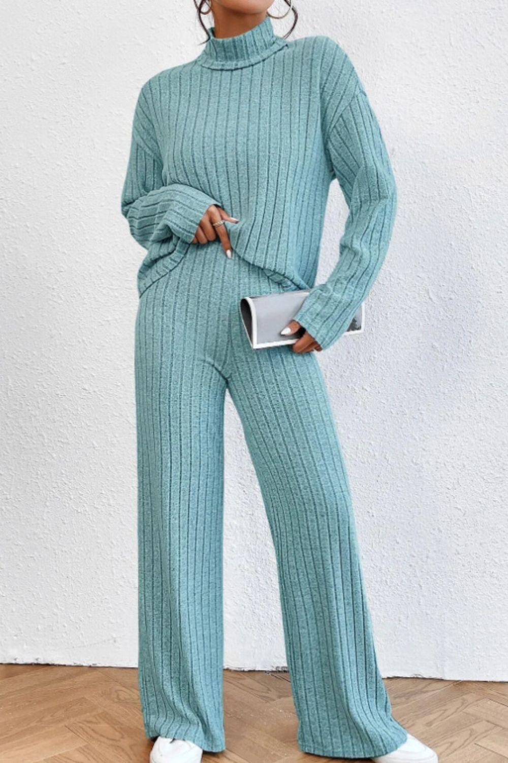 Mock Neck Dropped Shoulder Top and Pants Set - Curated by tt