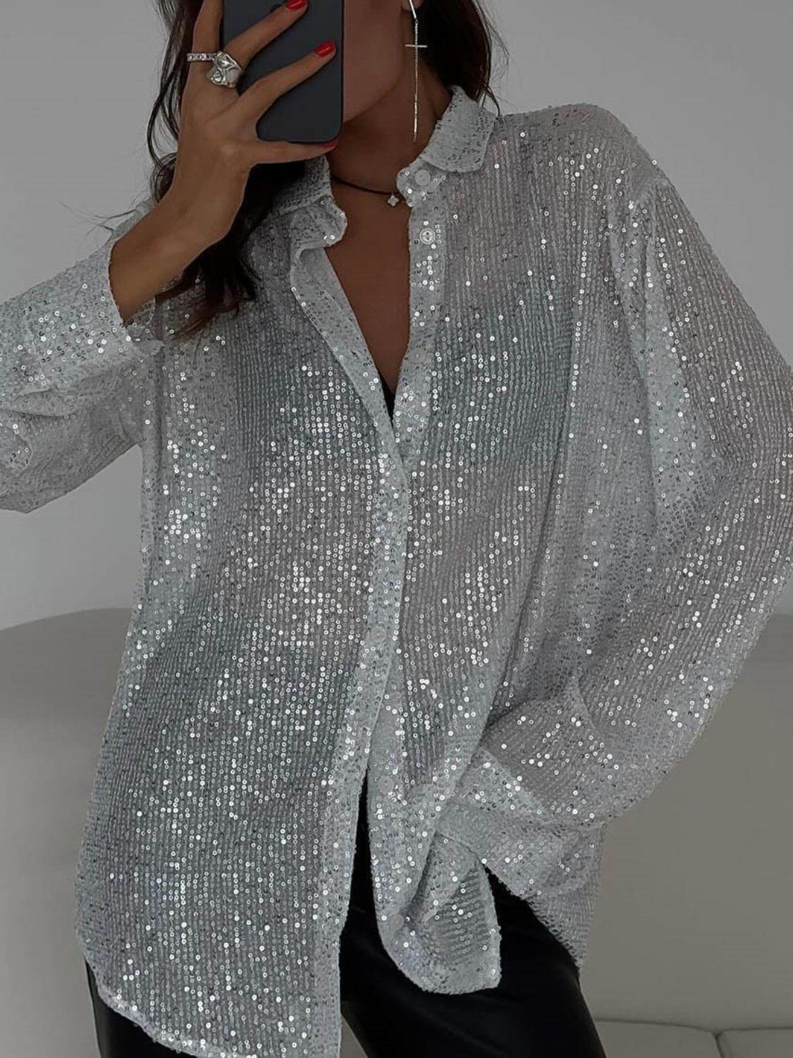 Sequin Button Up Long Sleeve Shirt - Curated by tt