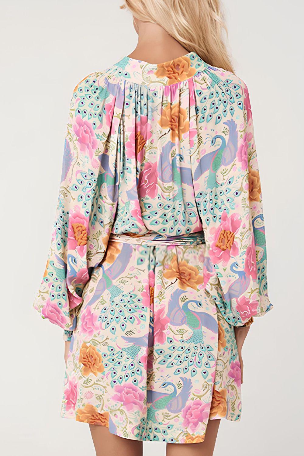 Printed Notched Lantern Sleeve Dress - Curated by tt