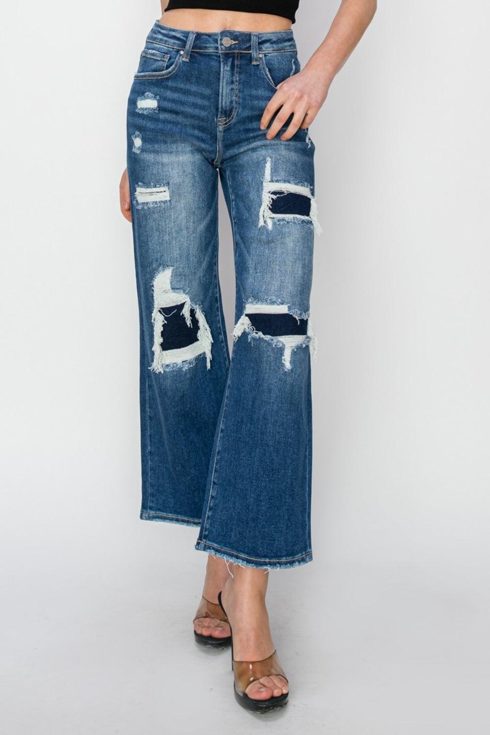 Full Size High Rise Patch Detailed Wide Leg Crop Jeans - Curated by tt