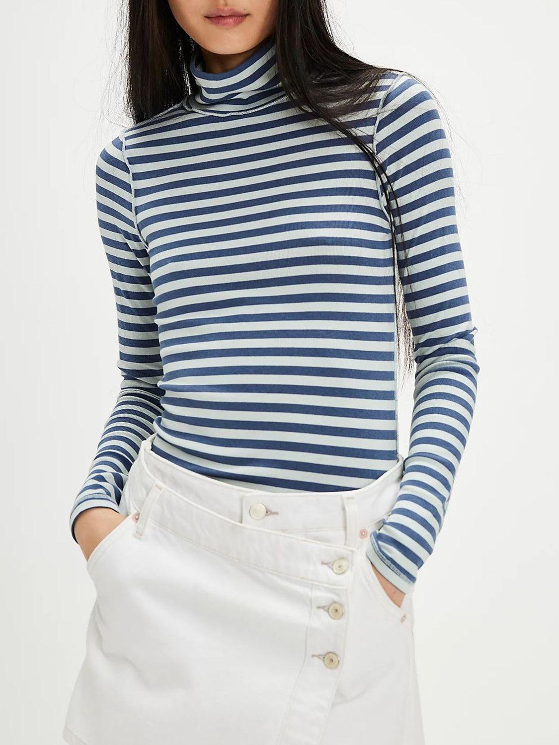 Exposed Seam Striped Turtleneck Long Sleeve T-Shirt - Curated by tt