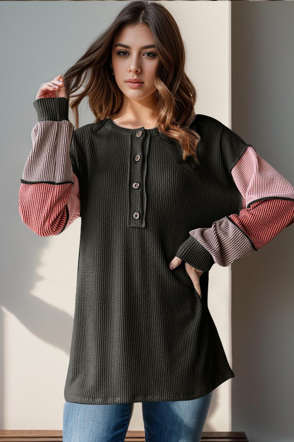 Double Take Full Size Color Block Round Neck Long Sleeve T-Shirt - Curated by tt