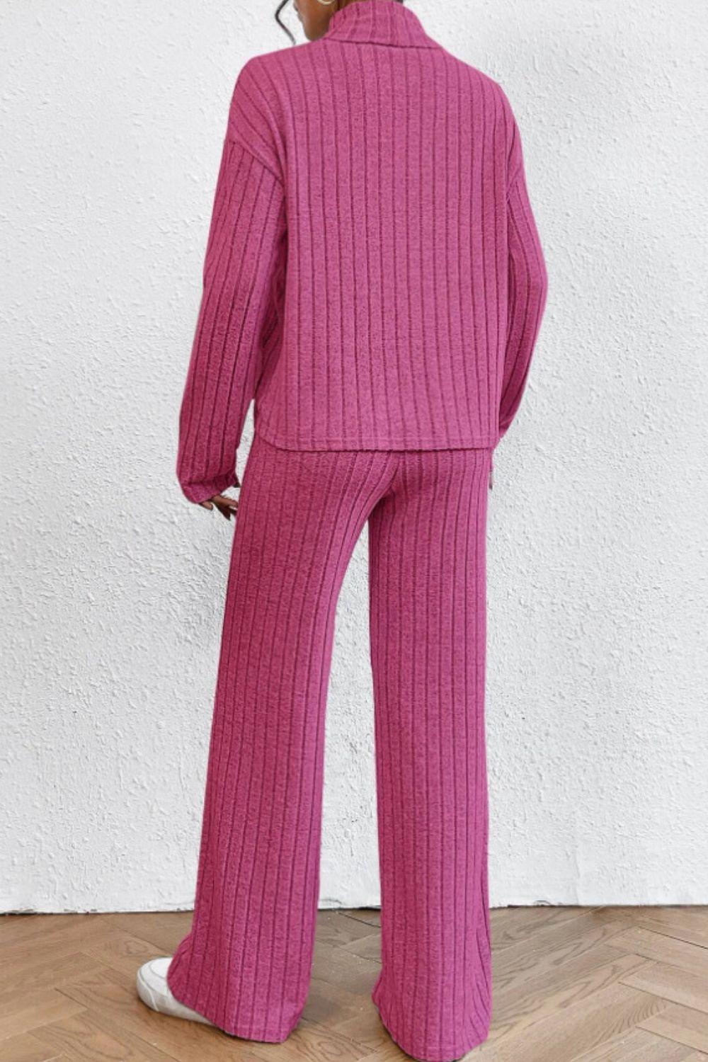 Mock Neck Dropped Shoulder Top and Pants Set - Curated by tt