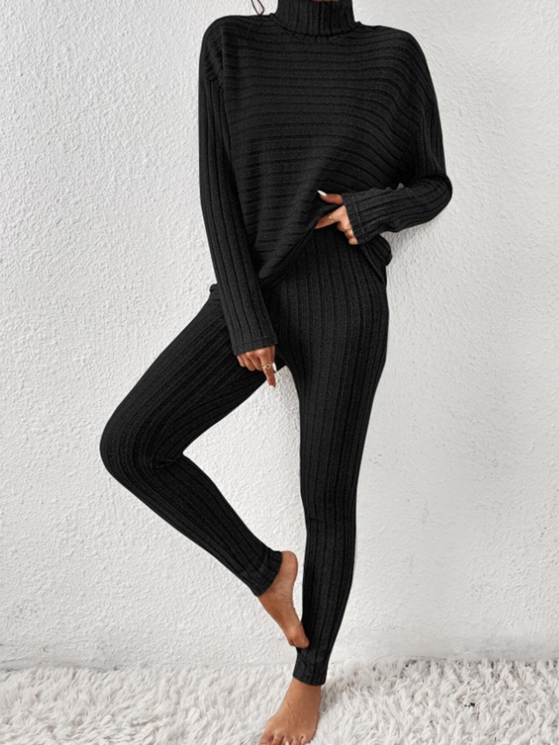 Ribbed Turtleneck Top and Pants Set - Curated by tt