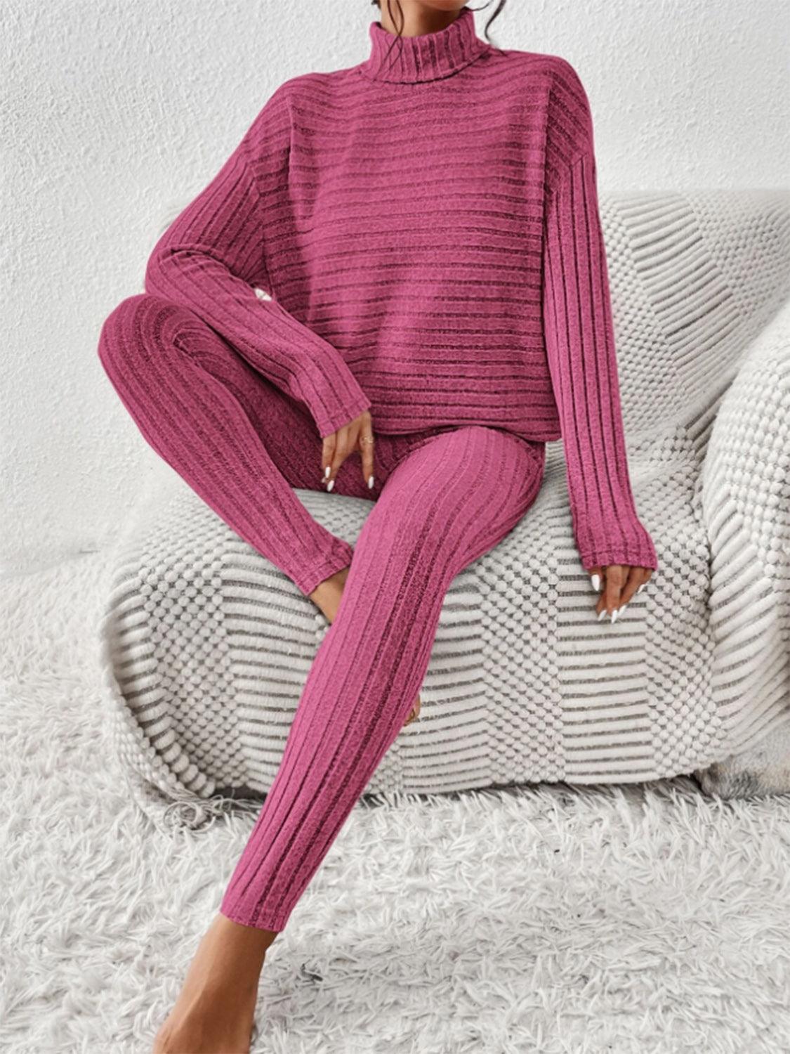Ribbed Turtleneck Top and Pants Set - Curated by tt