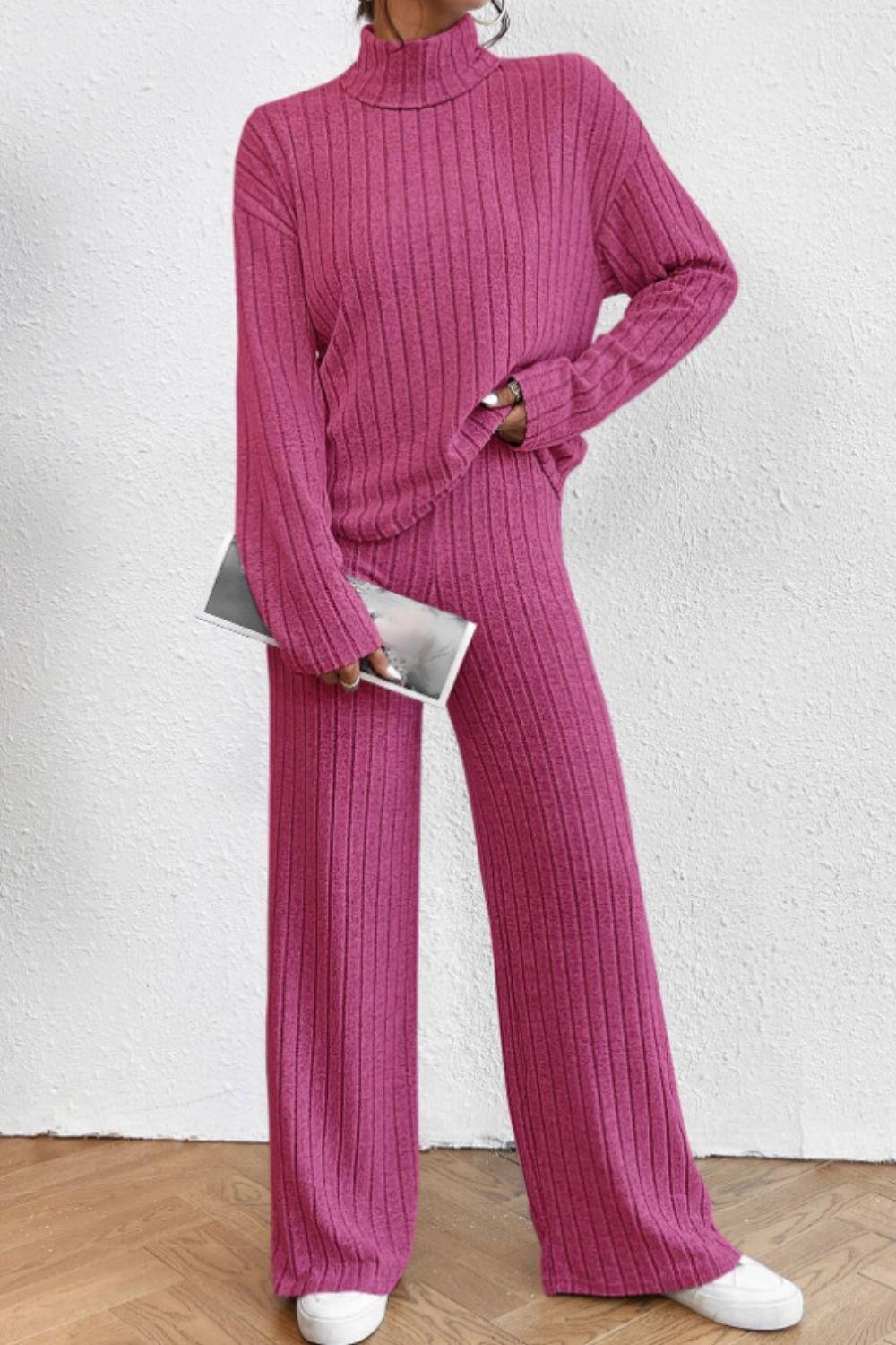 Mock Neck Dropped Shoulder Top and Pants Set - Curated by tt