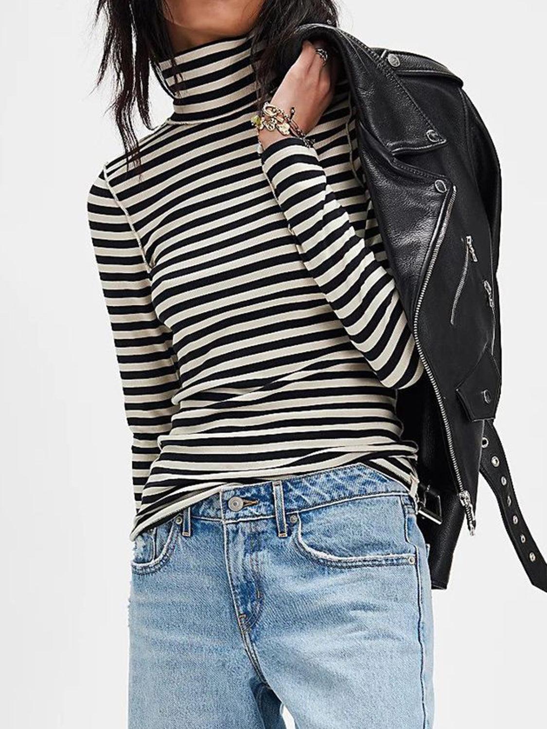 Exposed Seam Striped Turtleneck Long Sleeve T-Shirt - Curated by tt