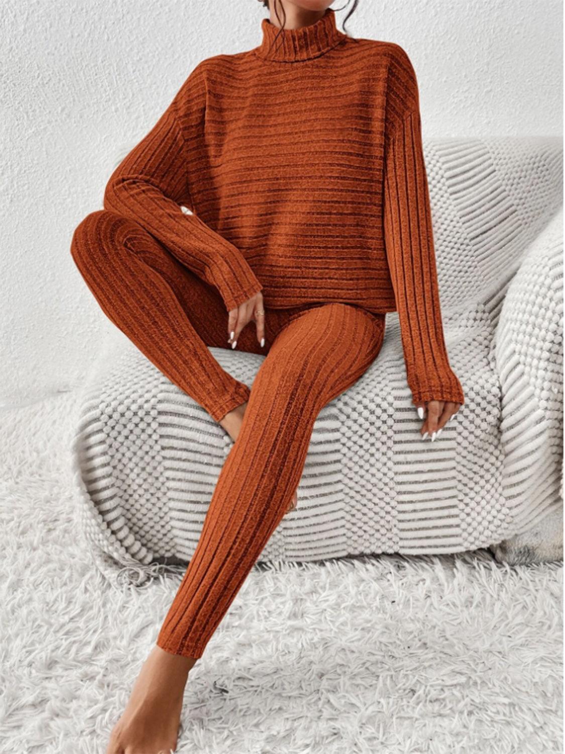 Ribbed Turtleneck Top and Pants Set - Curated by tt