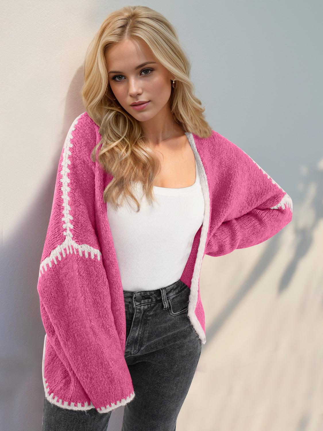 Double Take Contrast Open Front Dropped Shoulder Cardigan - Curated by tt
