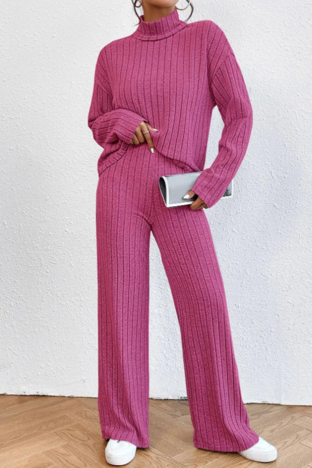 Mock Neck Dropped Shoulder Top and Pants Set - Curated by tt