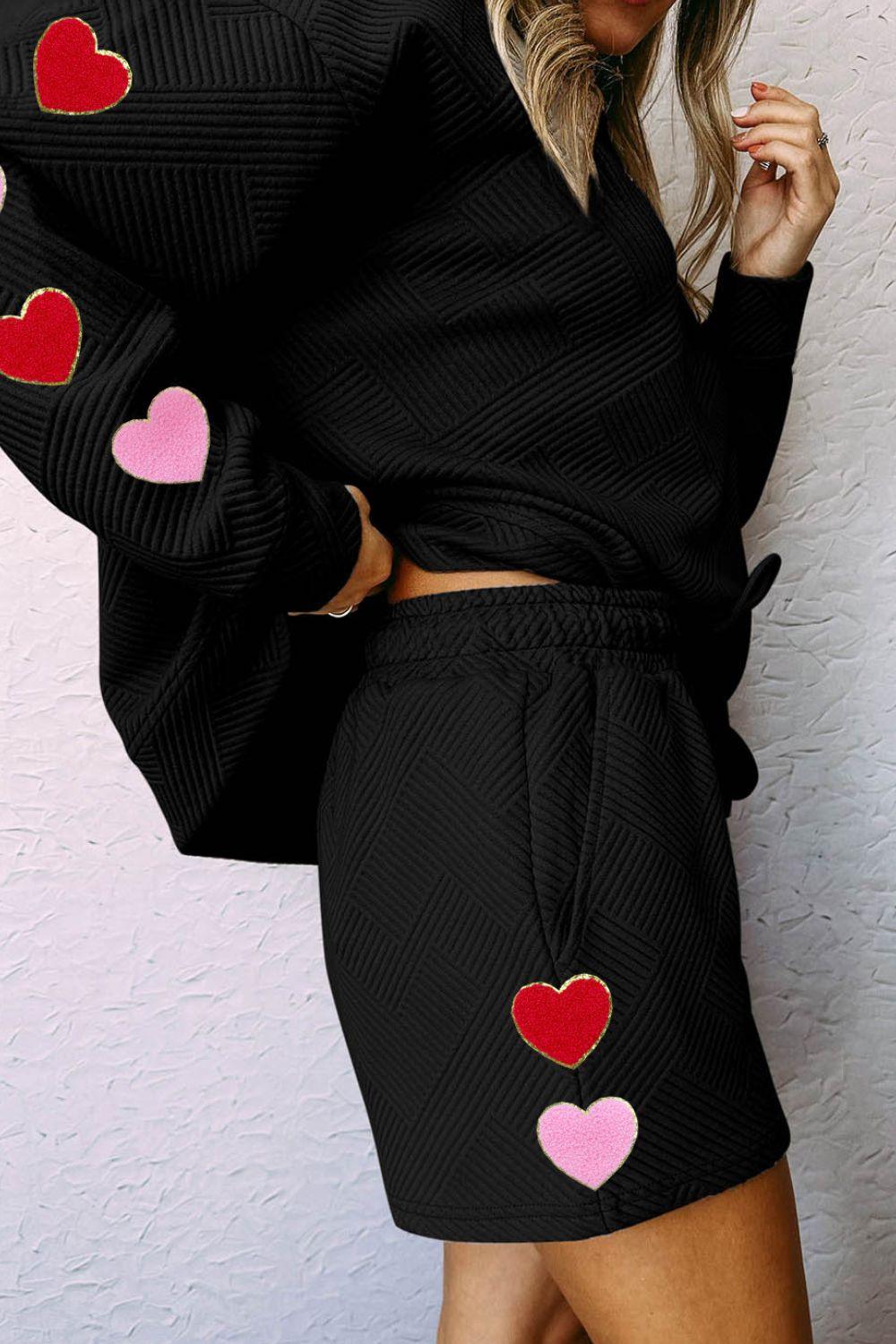 Heart Texture Round Neck Top and Drawstring Shorts Set - Curated by tt