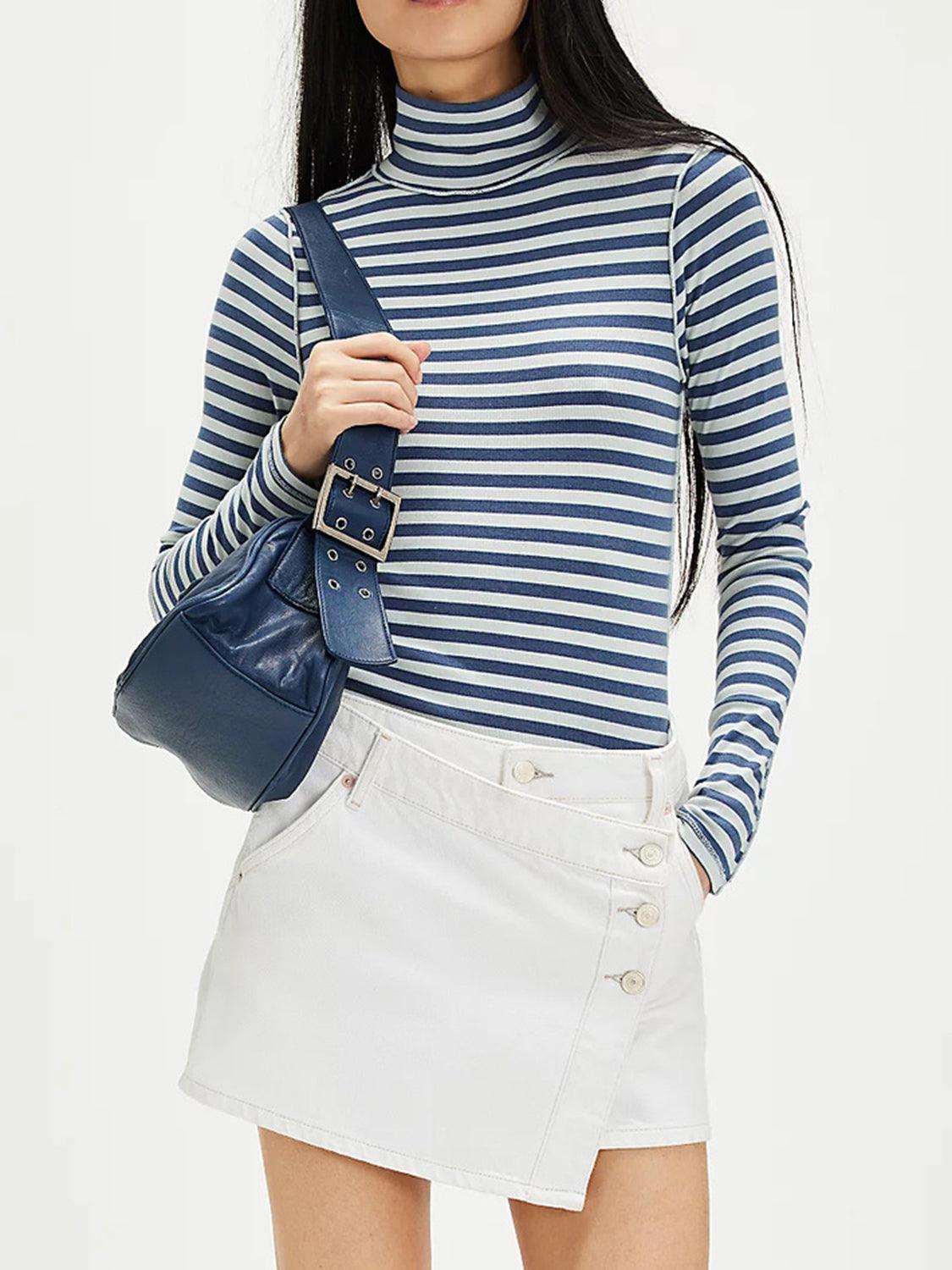 Exposed Seam Striped Turtleneck Long Sleeve T-Shirt - Curated by tt