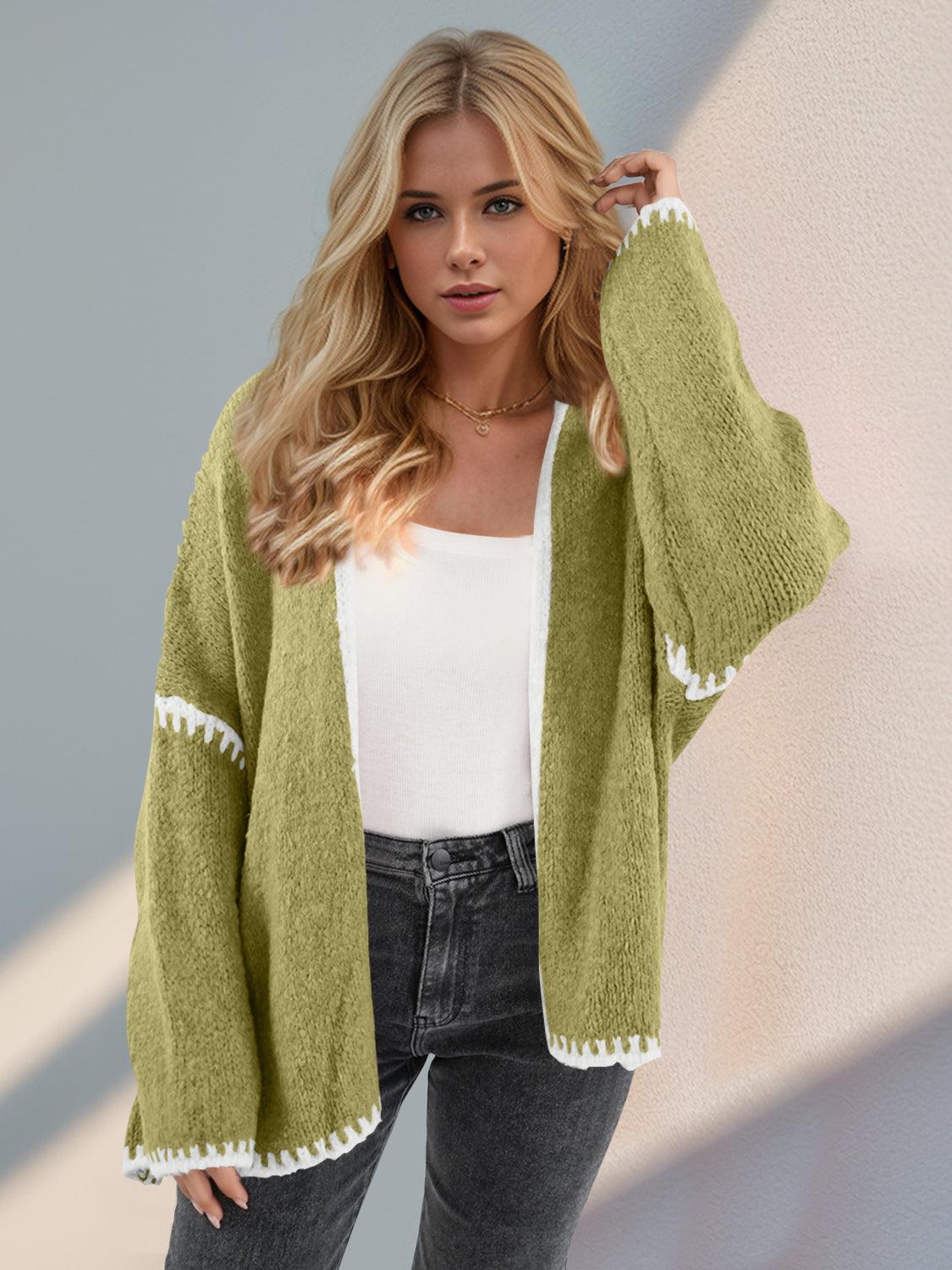 Double Take Contrast Open Front Dropped Shoulder Cardigan - Curated by tt