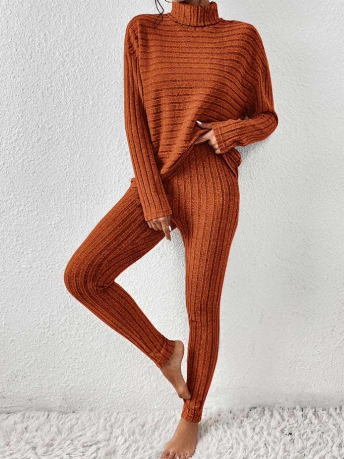 Ribbed Turtleneck Top and Pants Set - Curated by tt