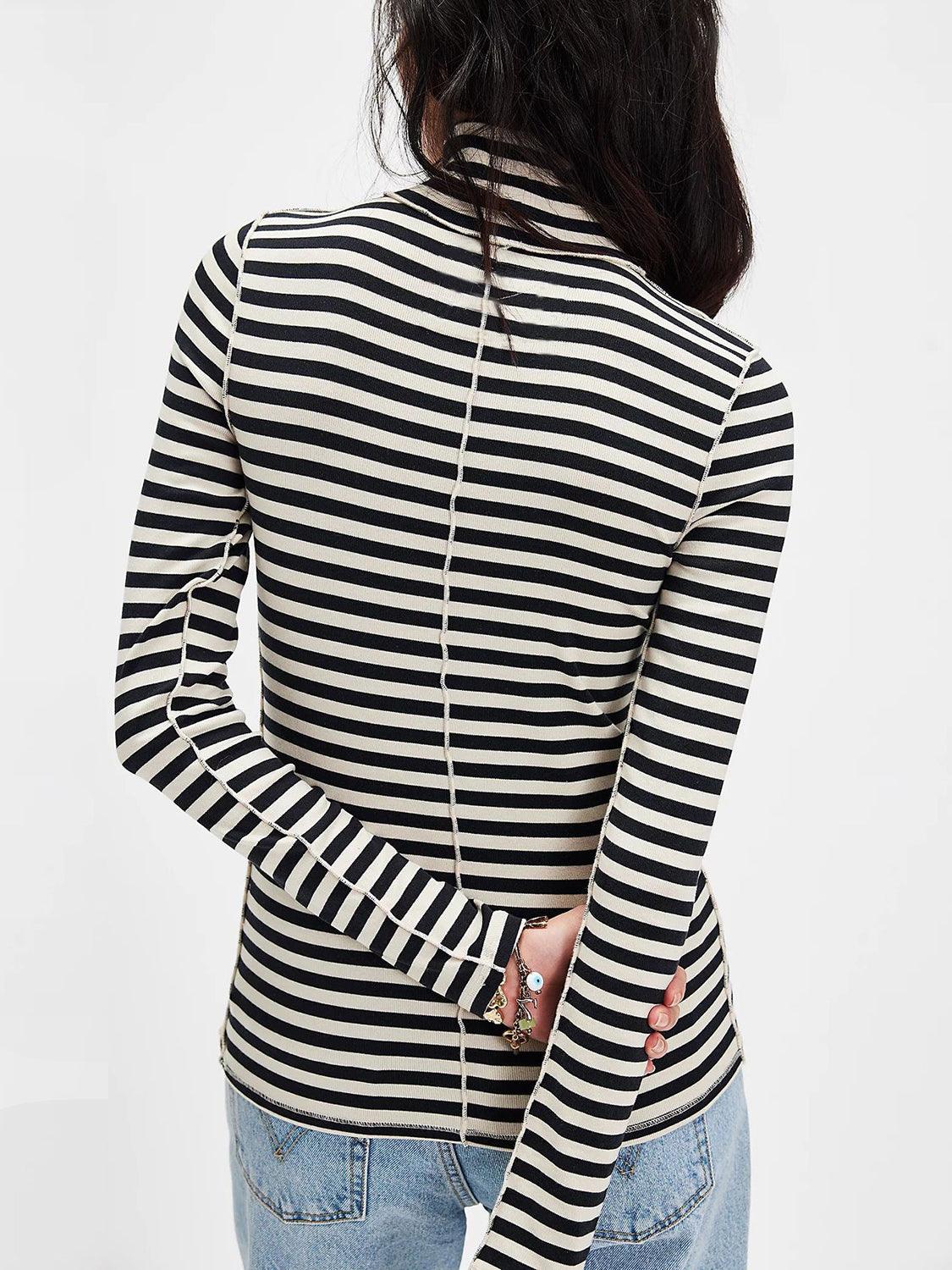 Exposed Seam Striped Turtleneck Long Sleeve T-Shirt - Curated by tt
