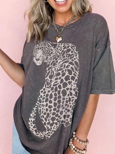 Cheetah Mineral Wash Round Neck Half Sleeve T-Shirt - Curated by tt