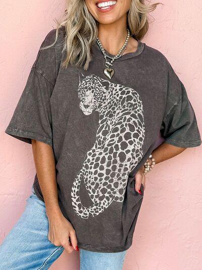 Cheetah Mineral Wash Round Neck Half Sleeve T-Shirt - Curated by tt