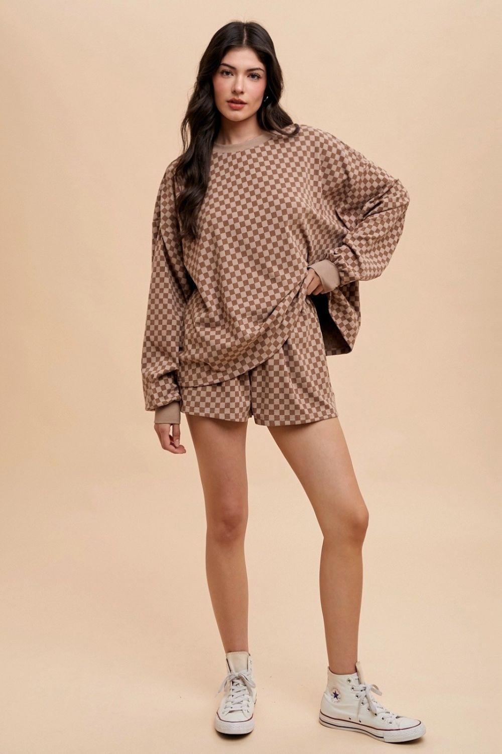 Annie Wear Checkered Round Neck Top and Drawstring Shorts Set - Curated by tt