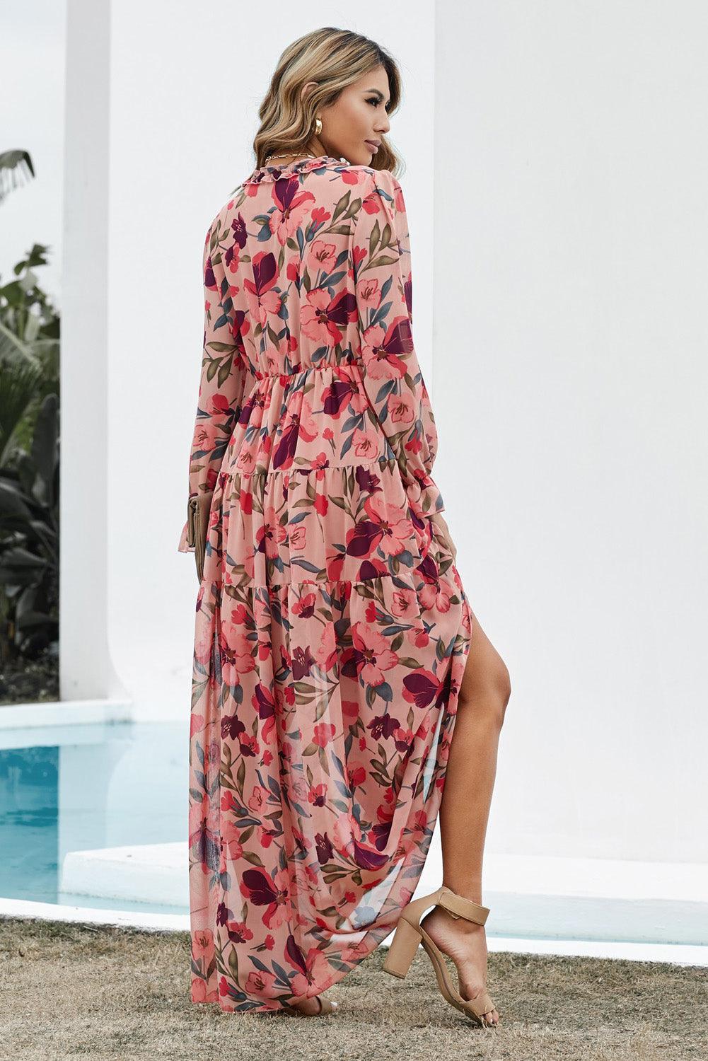 Floral Frill Trim Flounce Sleeve Plunge Maxi Dress - Curated by tt