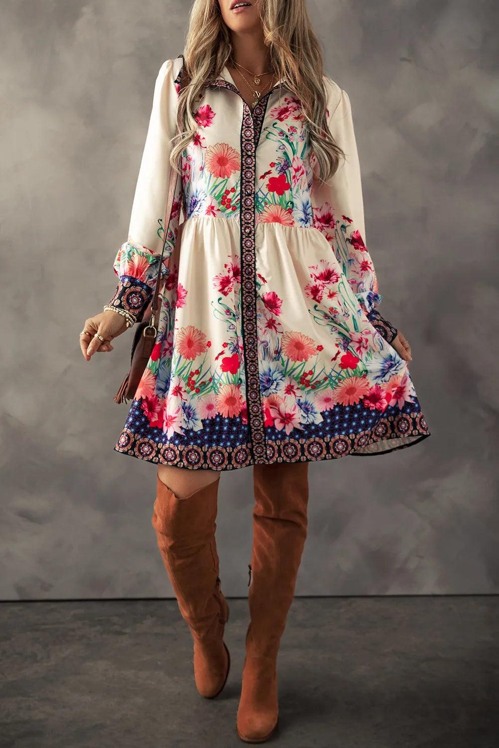 Flower Button Down Lantern Sleeve Dress - Curated by tt