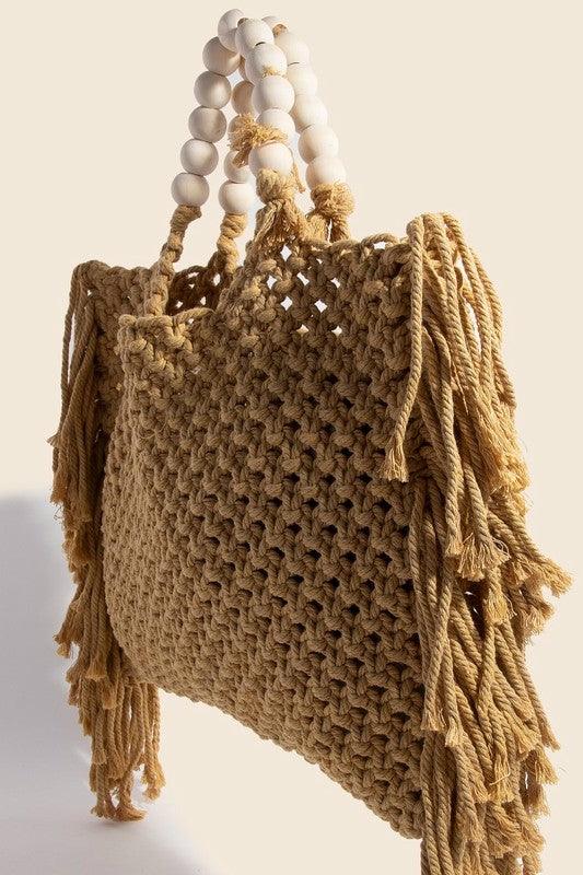 Wooden Beaded Handle Braided Tote Bag - Curated by tt