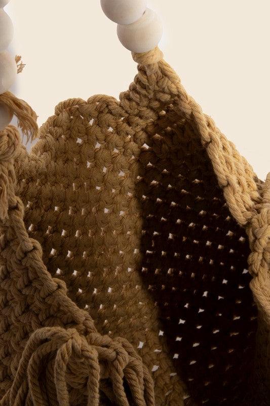 Wooden Beaded Handle Braided Tote Bag - Curated by tt