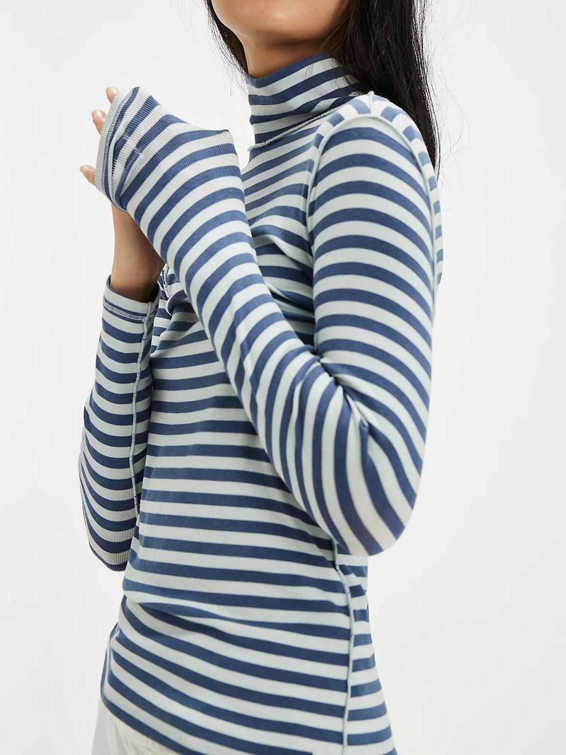 Exposed Seam Striped Turtleneck Long Sleeve T-Shirt - Curated by tt
