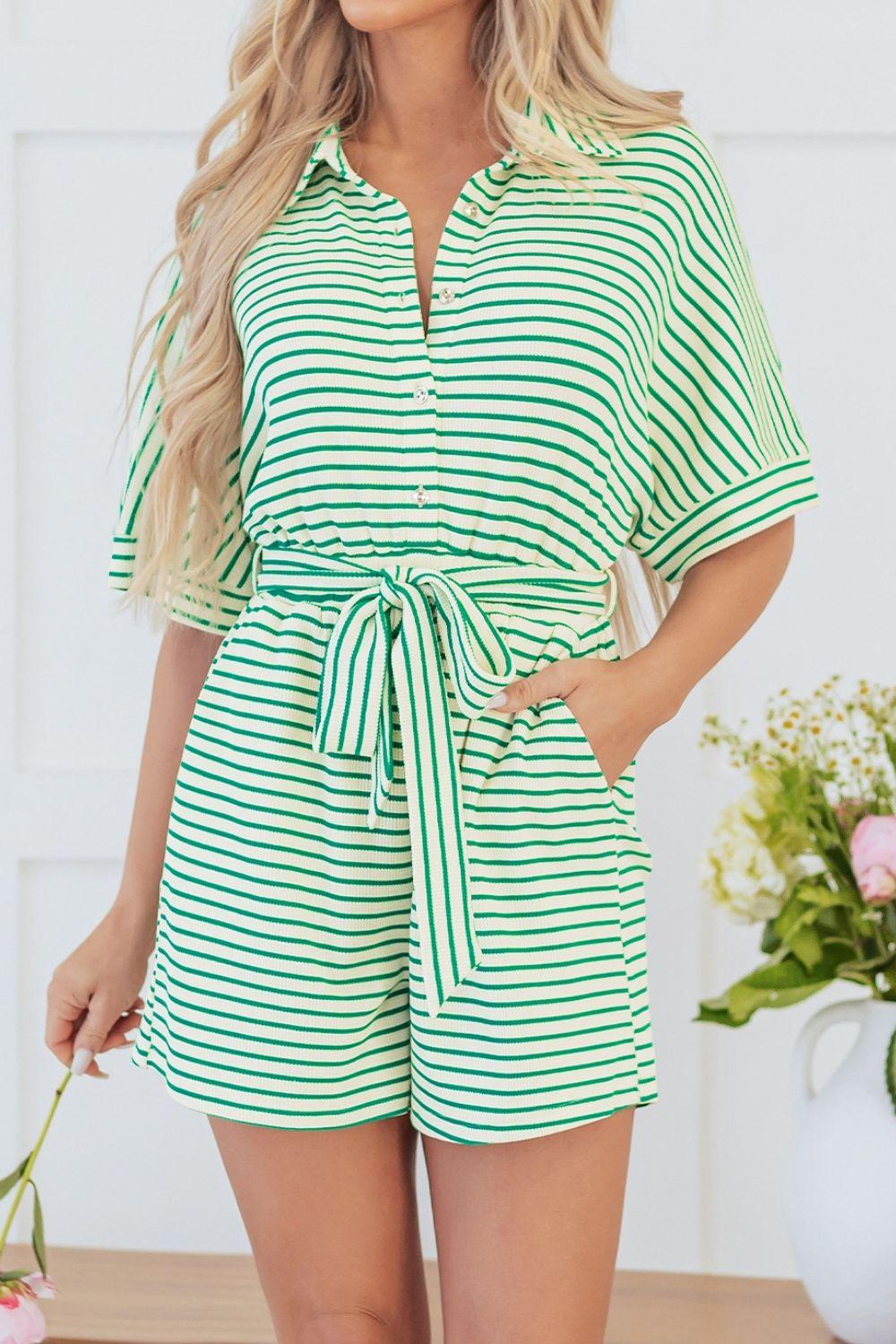 Striped Half Sleeve Tie Waist Romper - Curated by tt