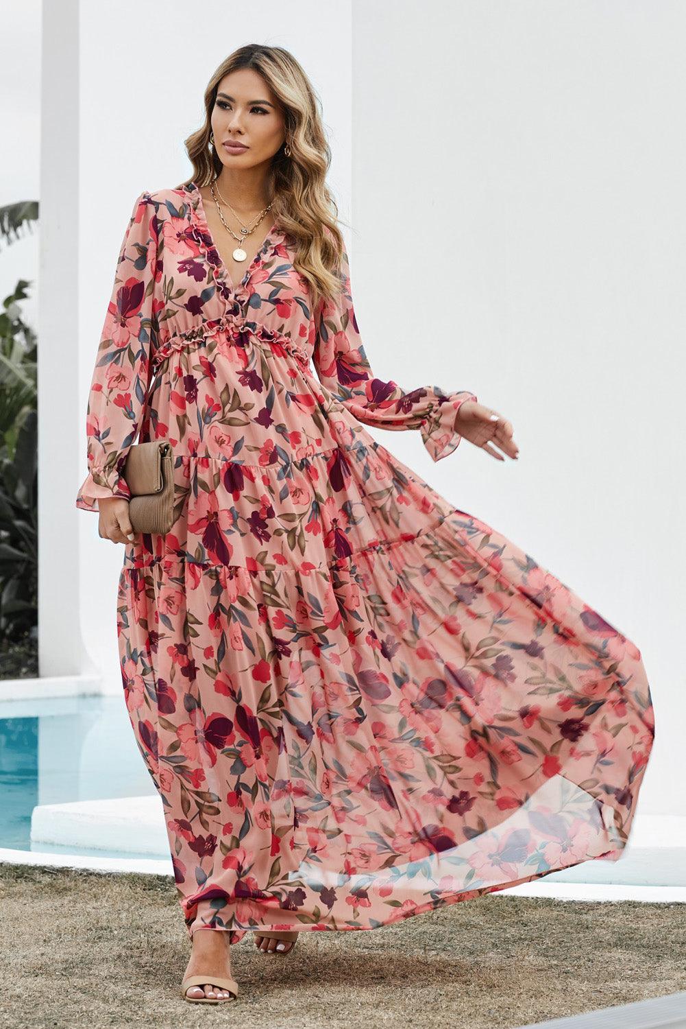 Floral Frill Trim Flounce Sleeve Plunge Maxi Dress - Curated by tt