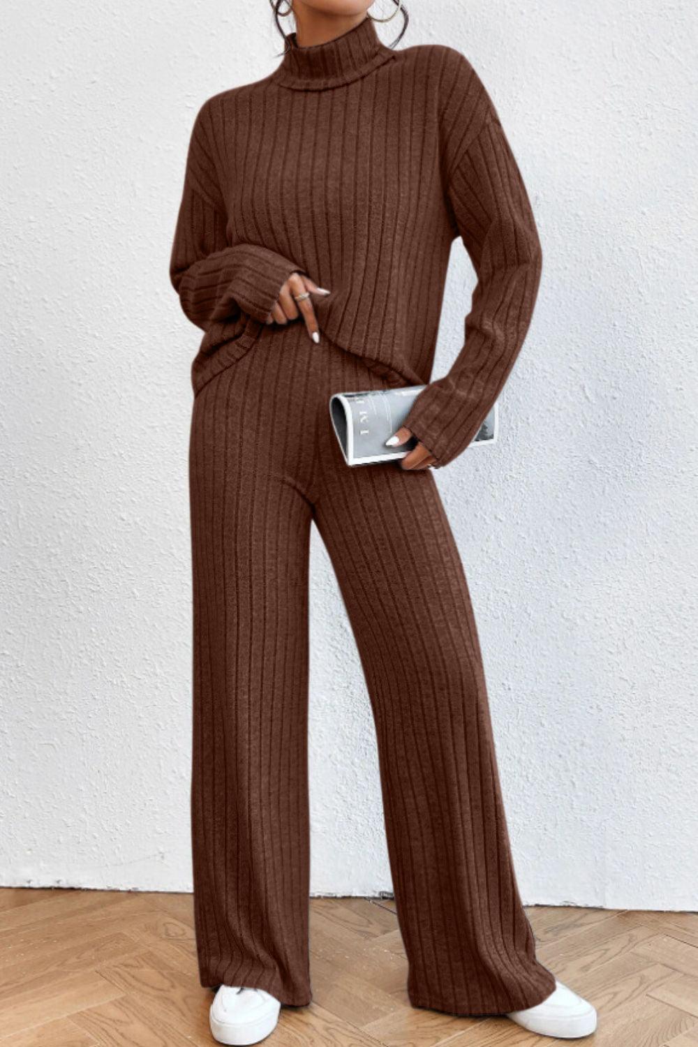 Mock Neck Dropped Shoulder Top and Pants Set - Curated by tt