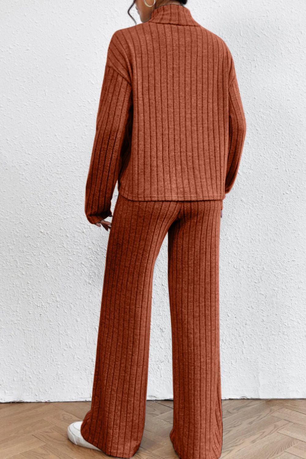 Mock Neck Dropped Shoulder Top and Pants Set - Curated by tt