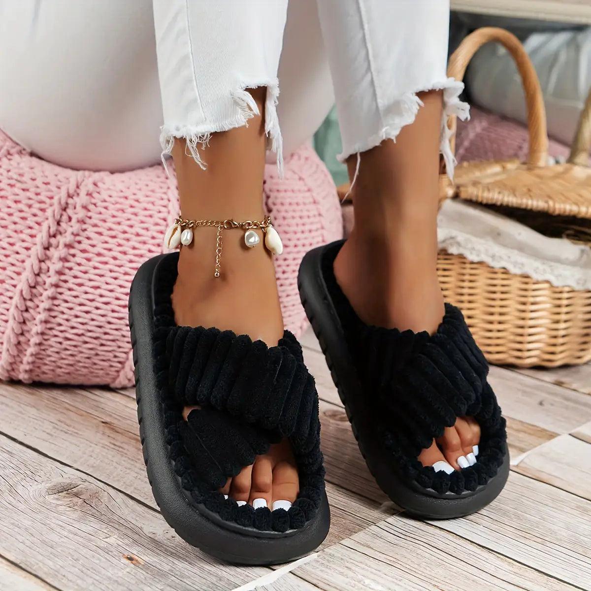 Crisscross Cordoroy Platform Slippers - Curated by tt