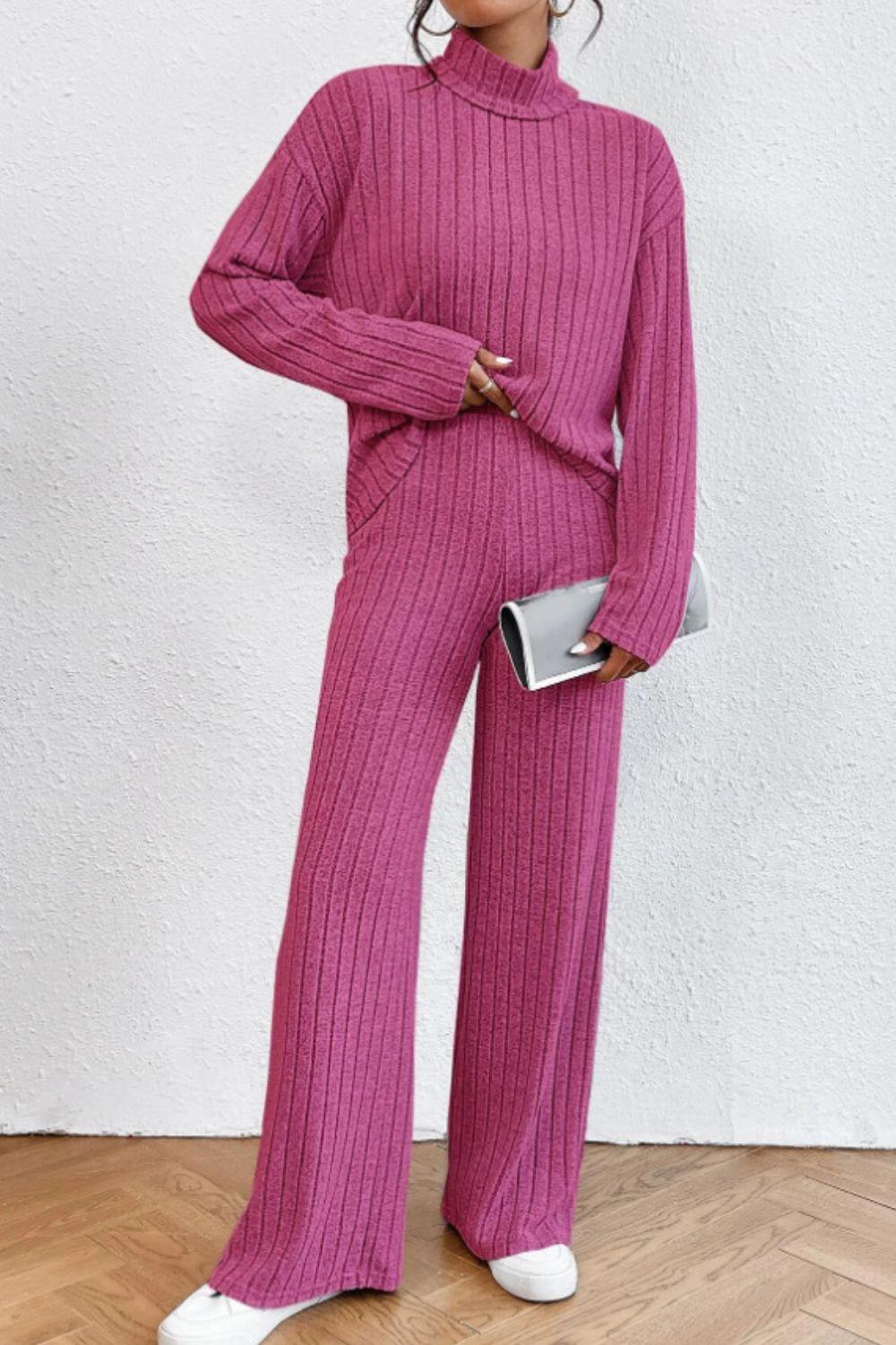Mock Neck Dropped Shoulder Top and Pants Set - Curated by tt