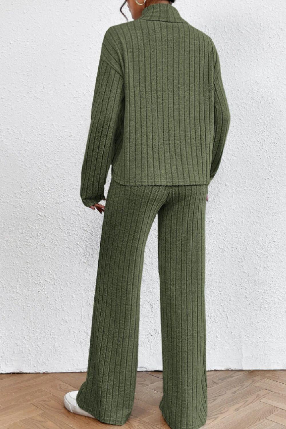 Mock Neck Dropped Shoulder Top and Pants Set - Curated by tt
