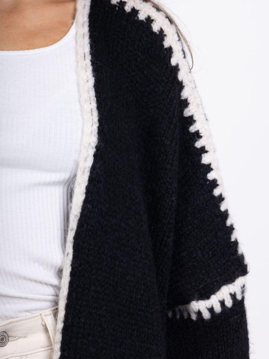 Double Take Contrast Open Front Dropped Shoulder Cardigan - Curated by tt
