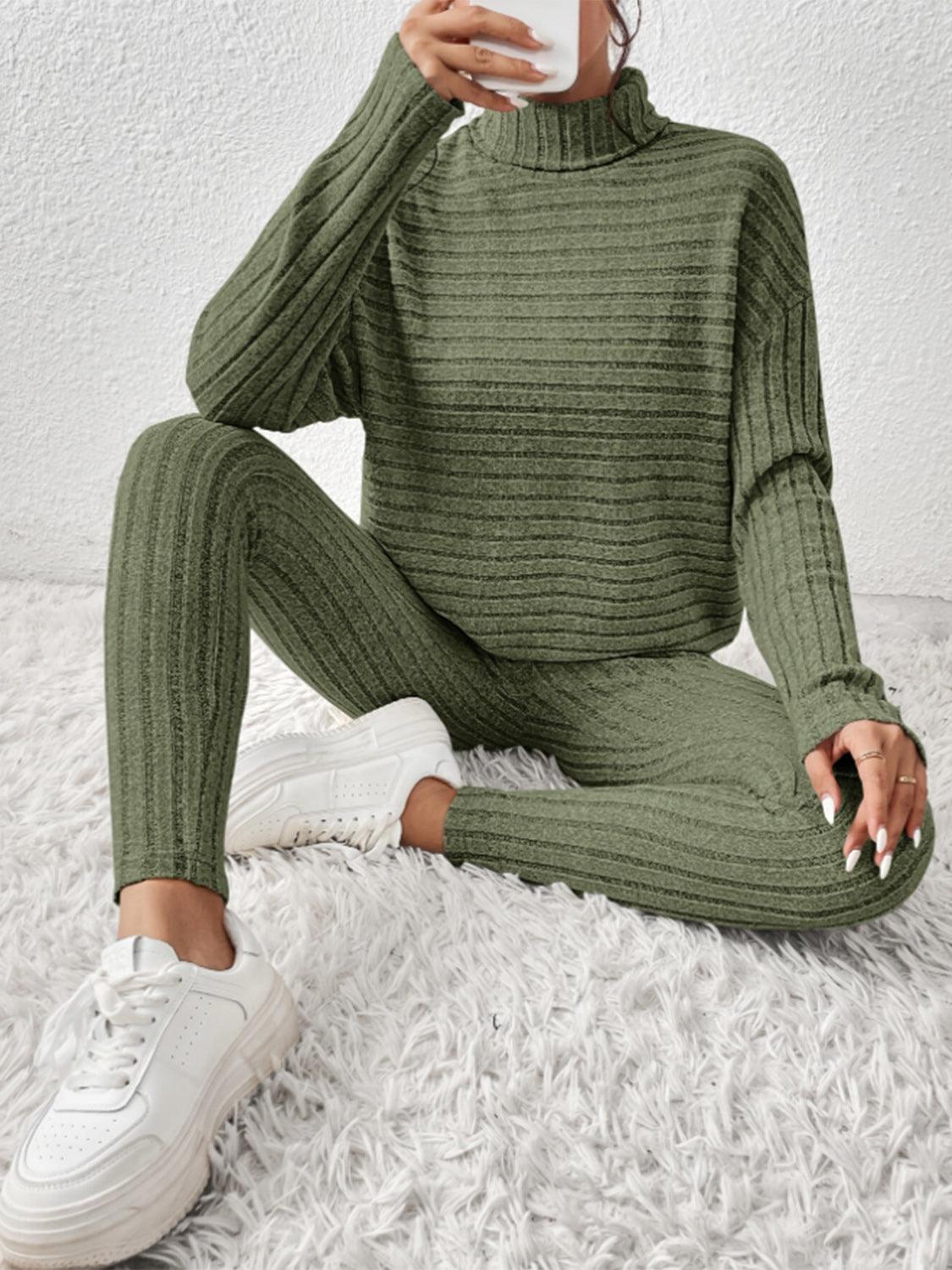 Ribbed Turtleneck Top and Pants Set - Curated by tt