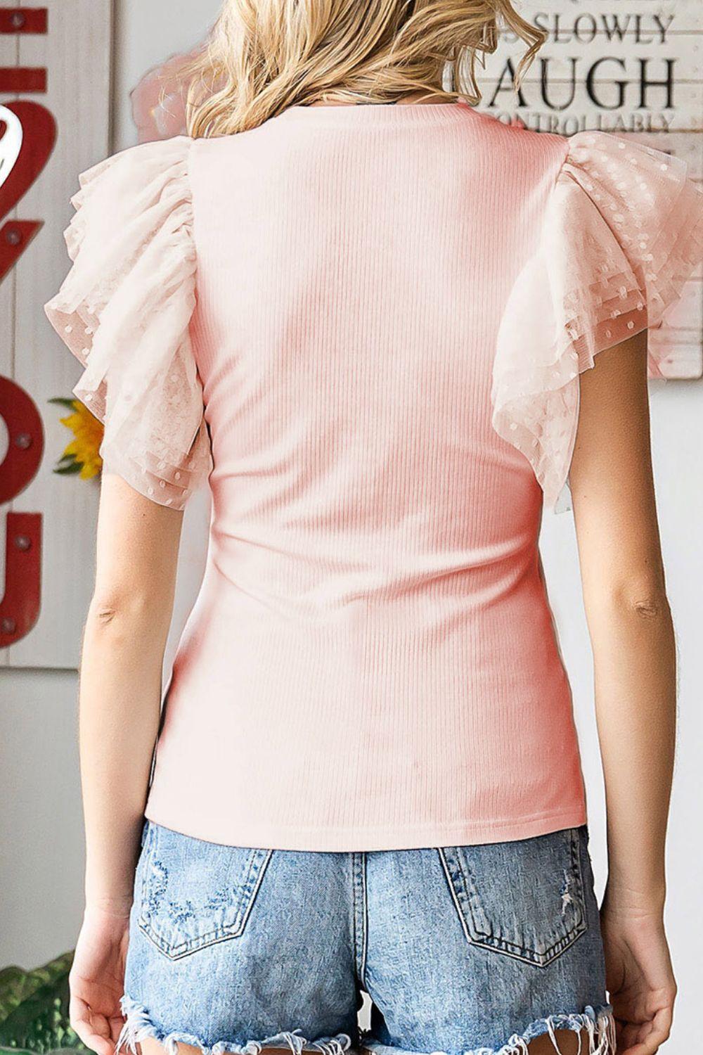Ruffled Round Neck Cap Sleeve Blouse - Curated by tt
