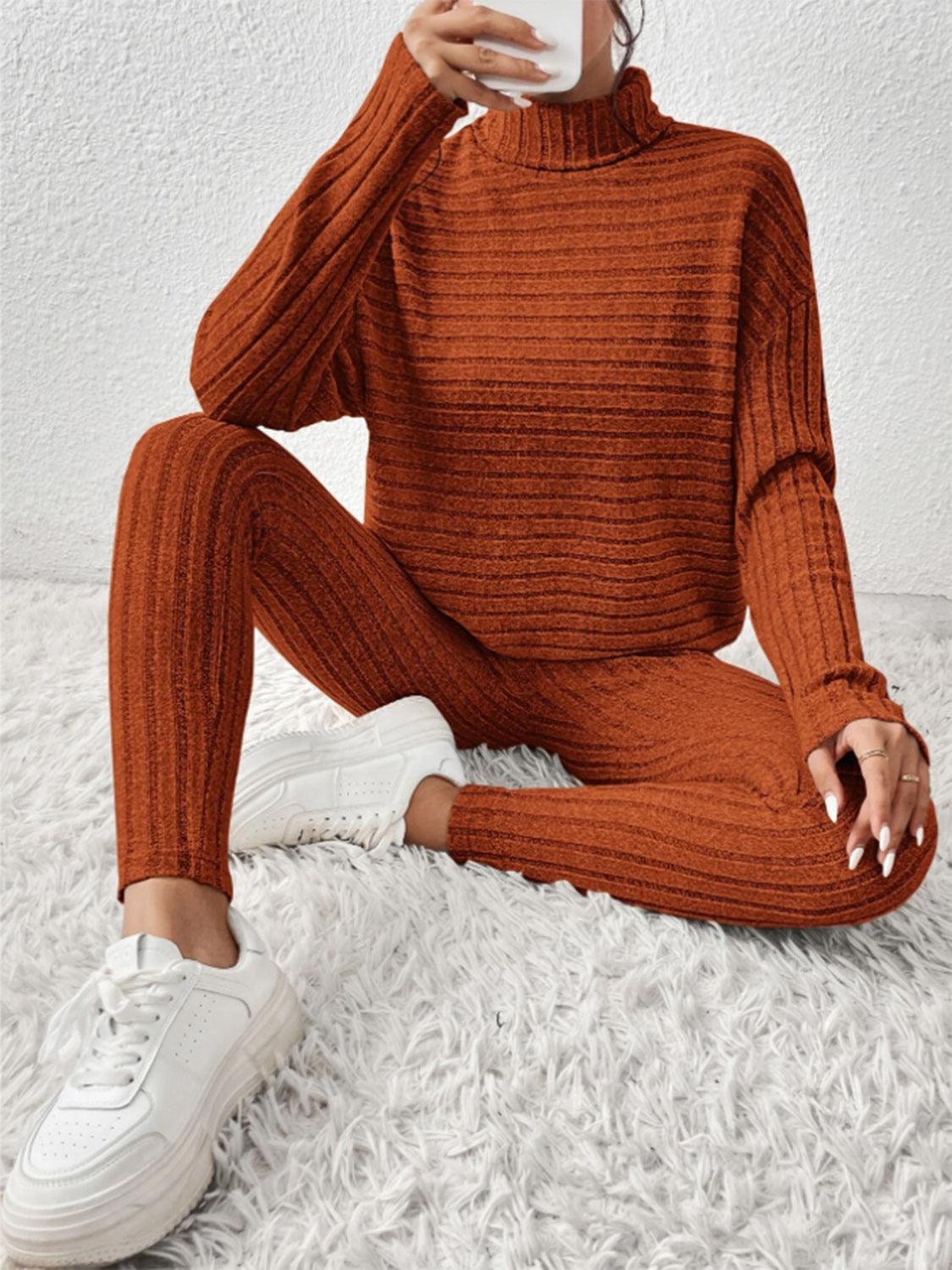 Ribbed Turtleneck Top and Pants Set - Curated by tt