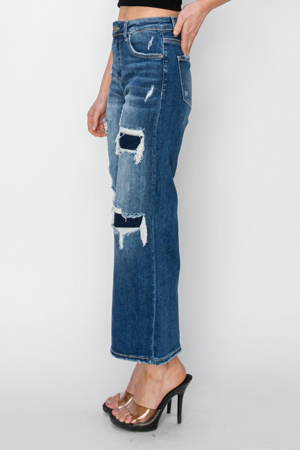 Full Size High Rise Patch Detailed Wide Leg Crop Jeans - Curated by tt