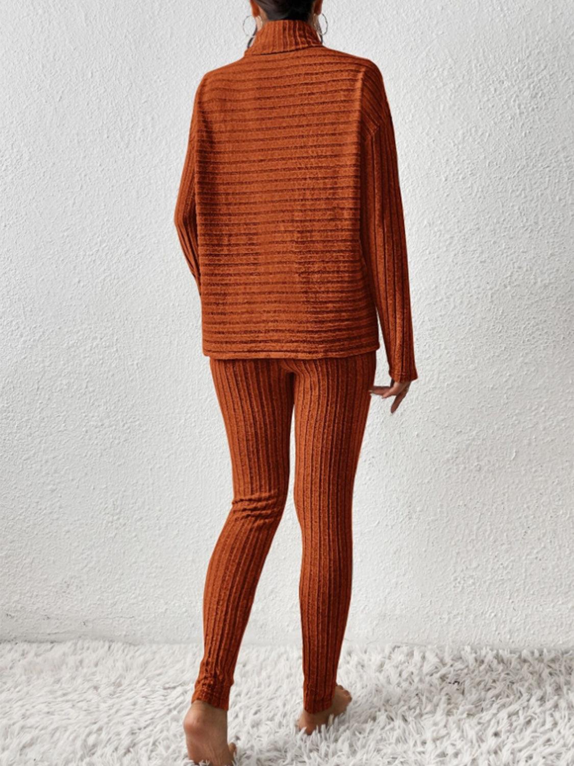 Ribbed Turtleneck Top and Pants Set - Curated by tt