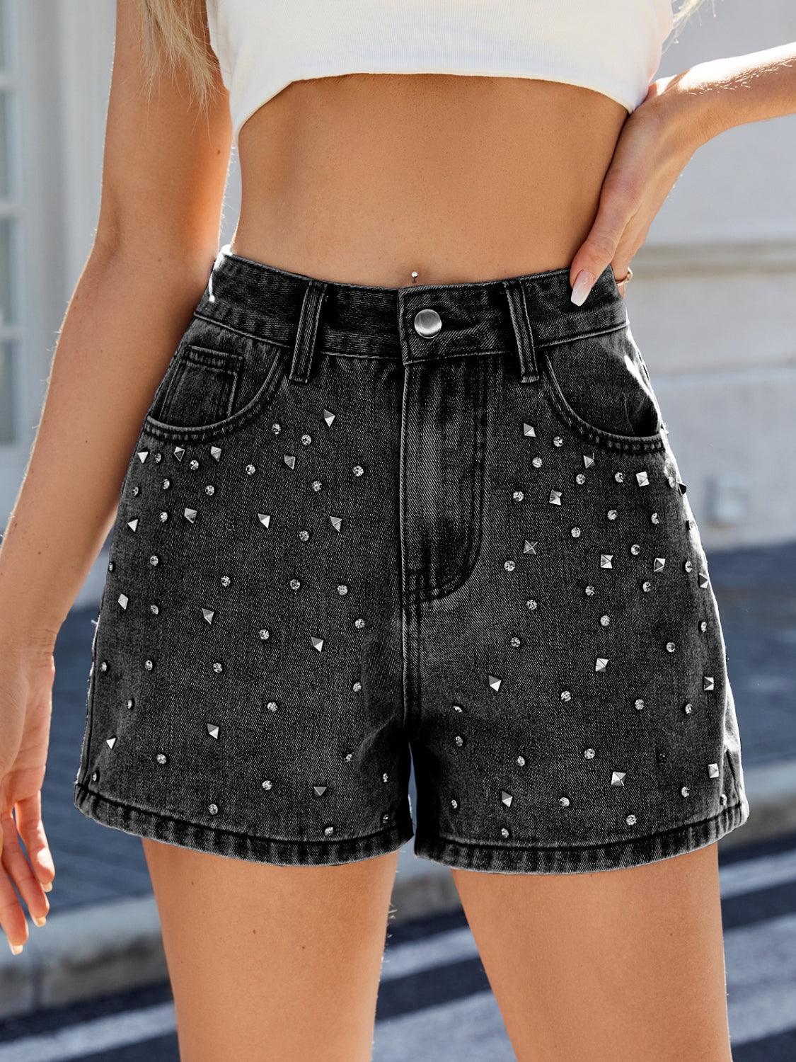 Rhinestone Washed High Waist Denim Shorts - Curated by tt