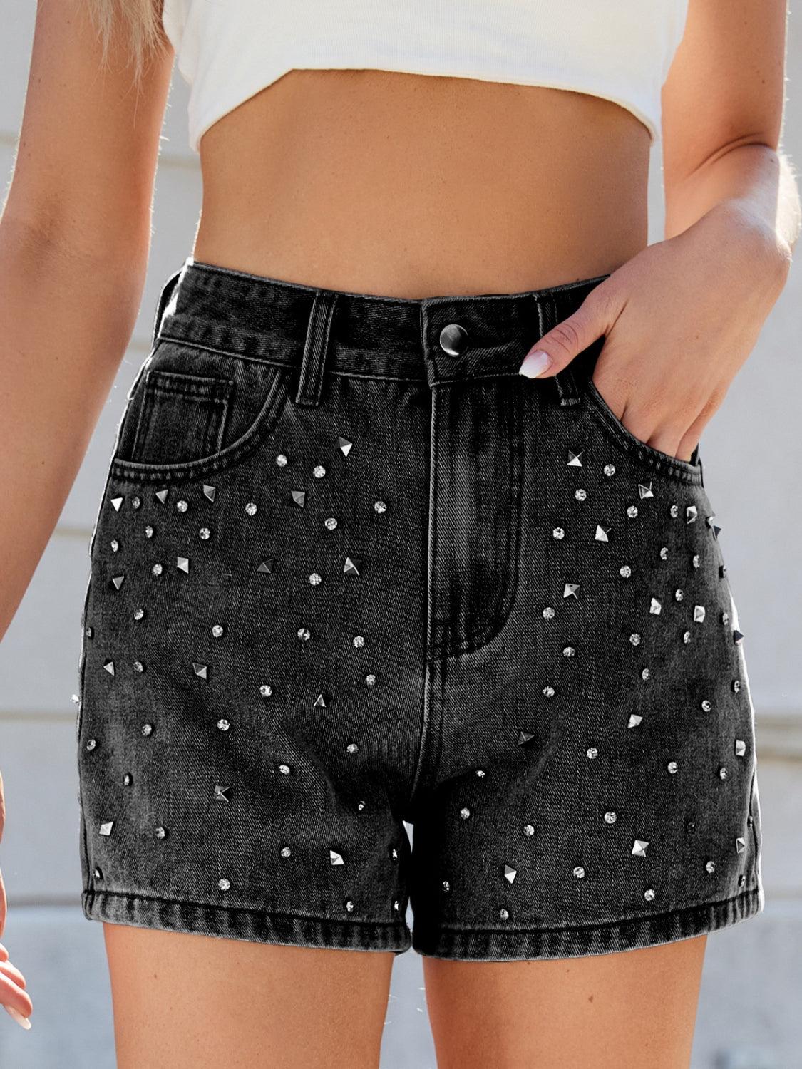 Rhinestone Washed High Waist Denim Shorts - Curated by tt