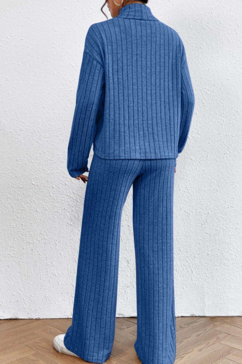 Mock Neck Dropped Shoulder Top and Pants Set - Curated by tt