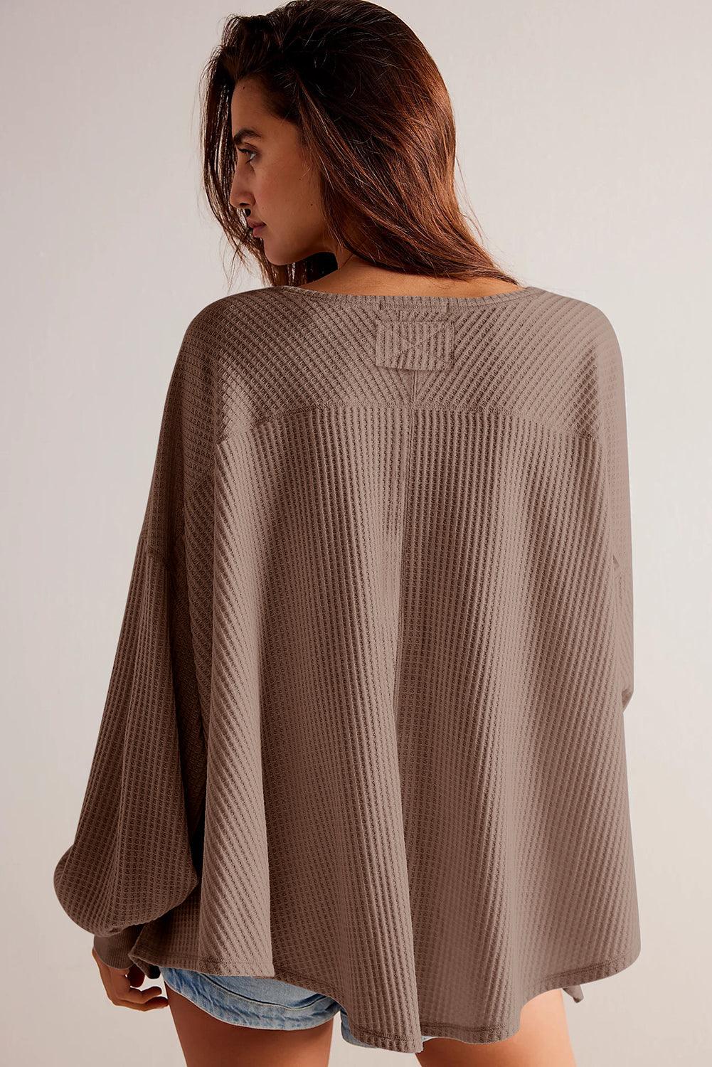 Coffee Waffle V Neck Long Sleeve - Curated by tt