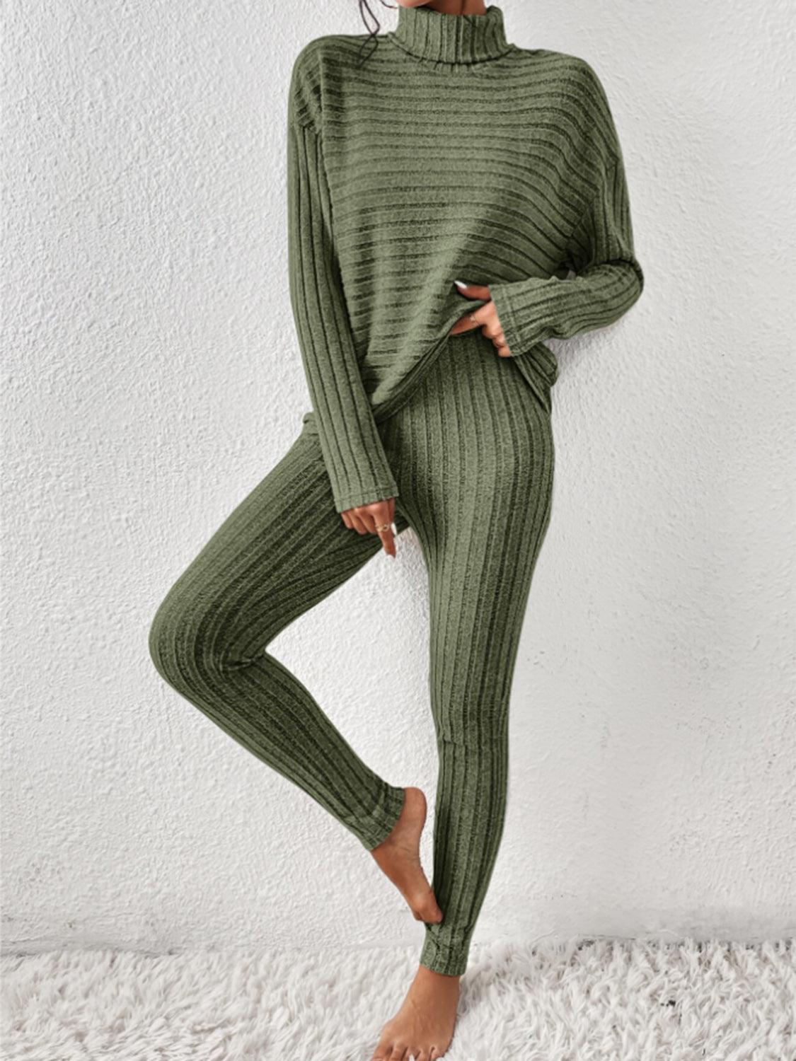 Ribbed Turtleneck Top and Pants Set - Curated by tt