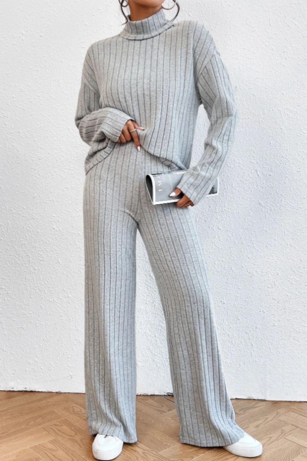 Mock Neck Dropped Shoulder Top and Pants Set - Curated by tt