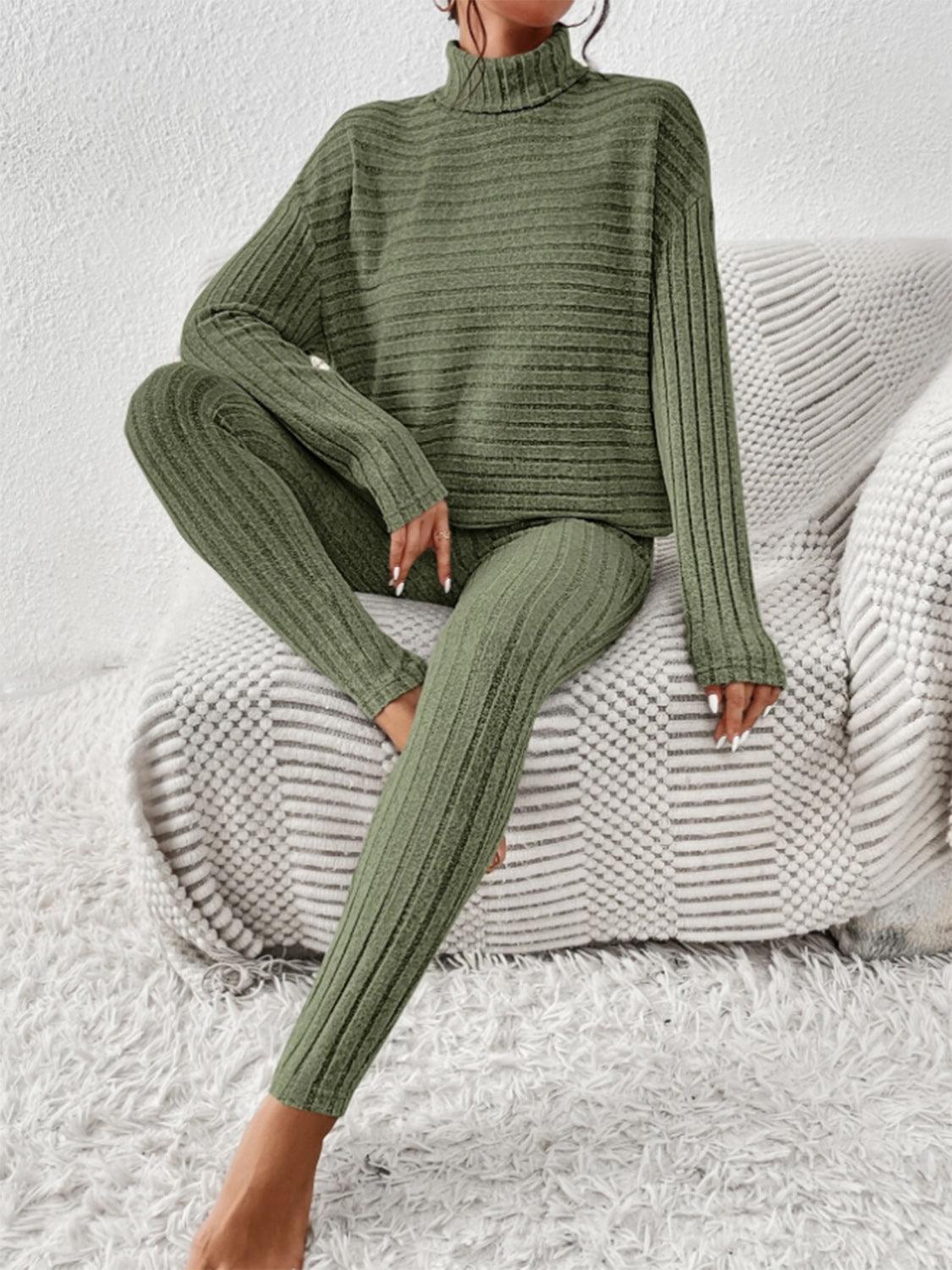 Ribbed Turtleneck Top and Pants Set - Curated by tt