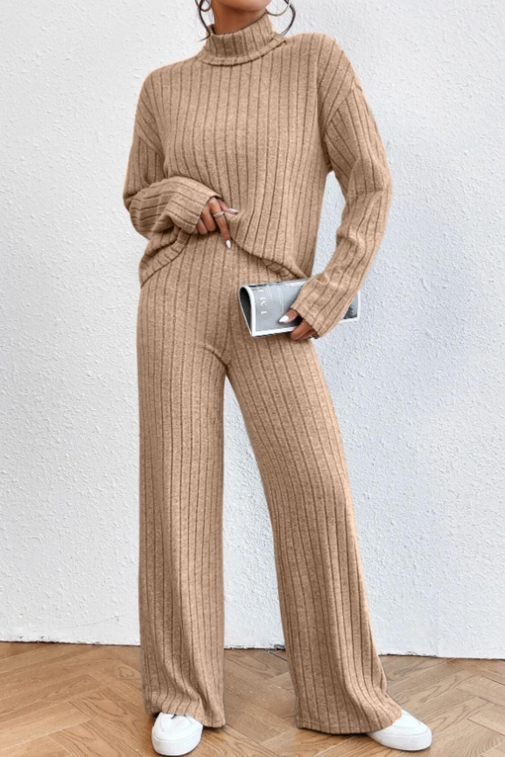 Mock Neck Dropped Shoulder Top and Pants Set - Curated by tt