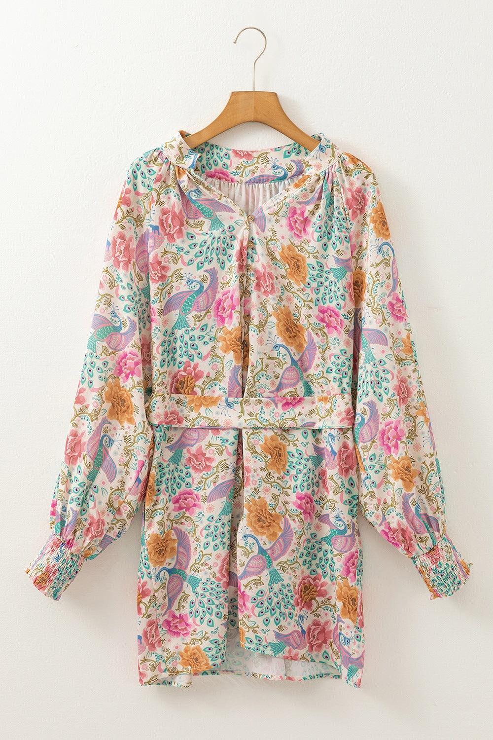 Printed Notched Lantern Sleeve Dress - Curated by tt
